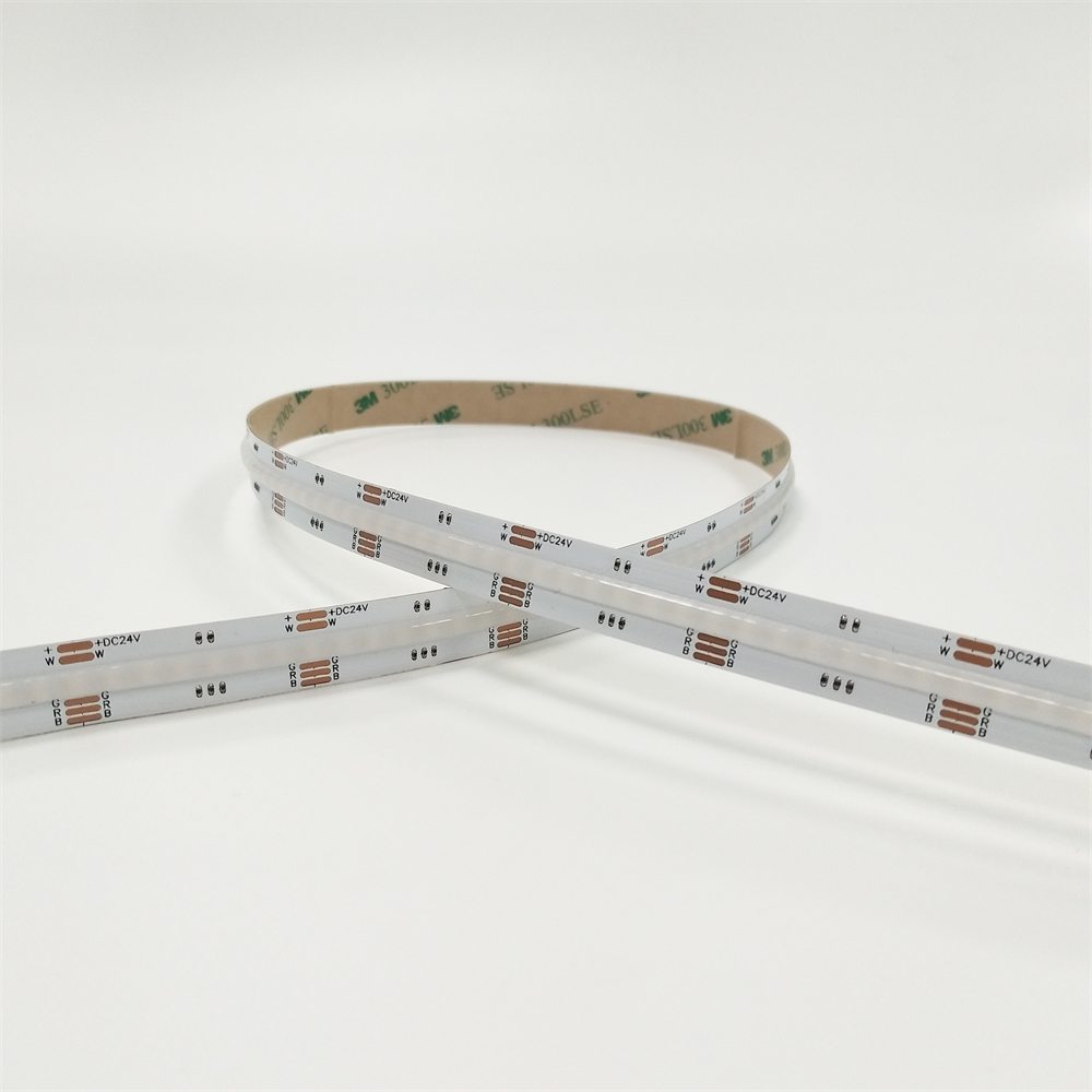 Unlit RGBW COB LED strip showing its flexible PCB